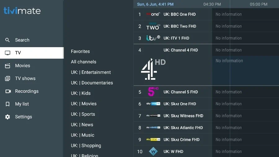 TiviMate EPG TV channels