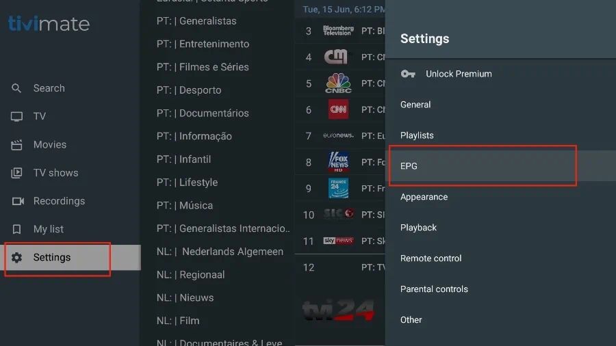 select tivimate settings